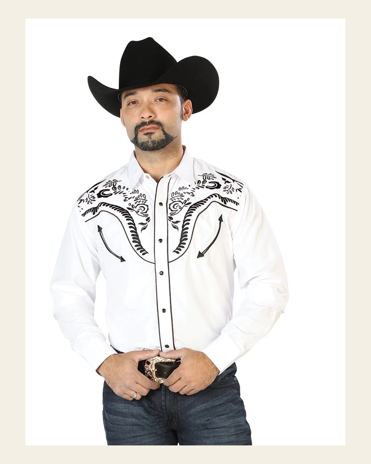 El Señor de los Cielos Embroidery Shirt White/Black 126692 on a warm cream background