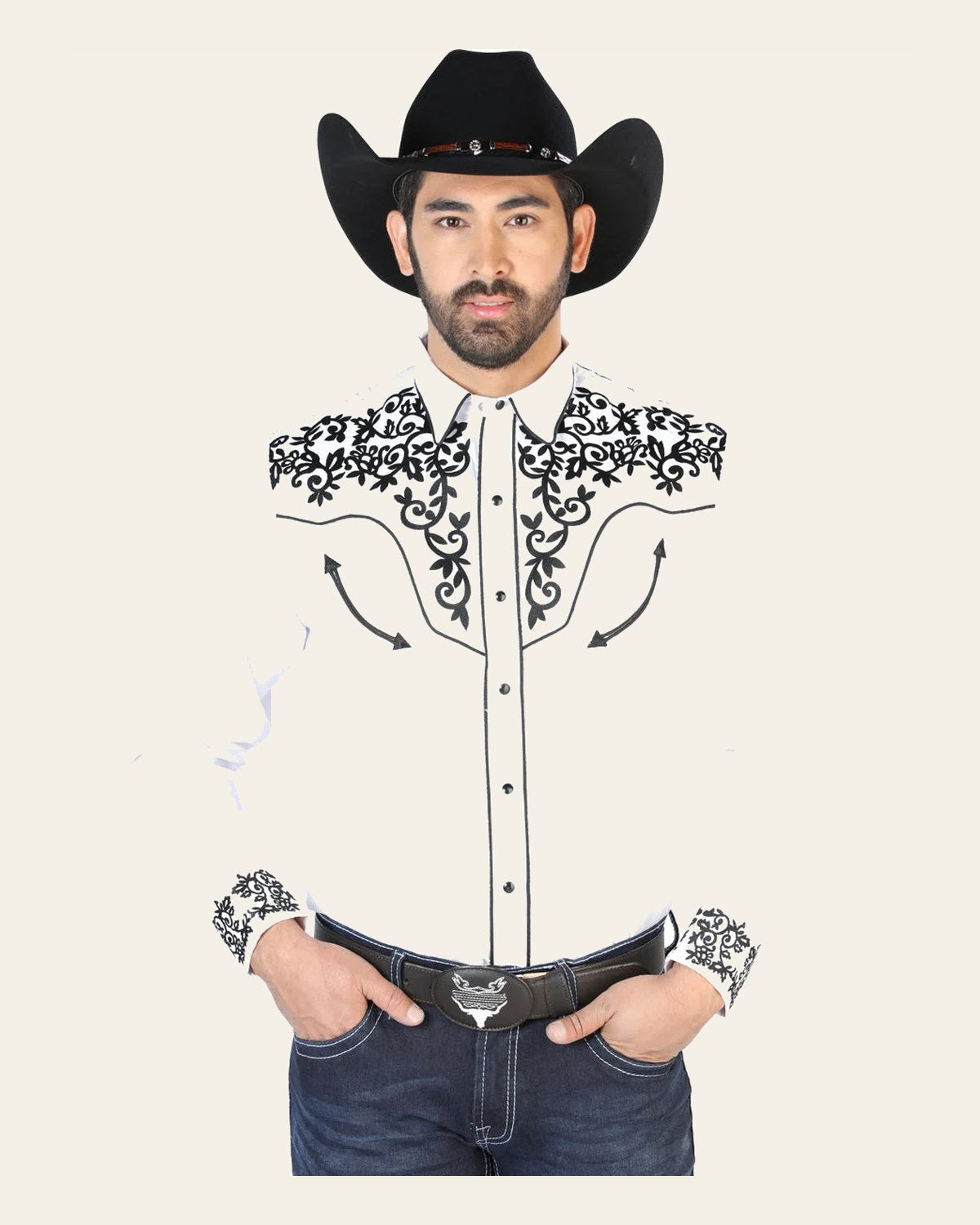 El Señor de los Cielos Embroidery Shirt White/Black 126702 on a warm cream background