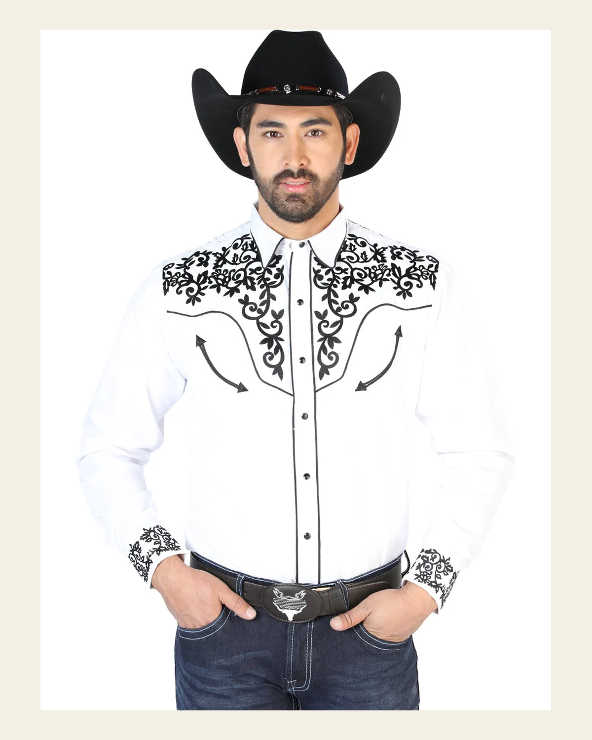 El Señor de los Cielos Embroidery Shirt White/Black 126702 on a warm cream background