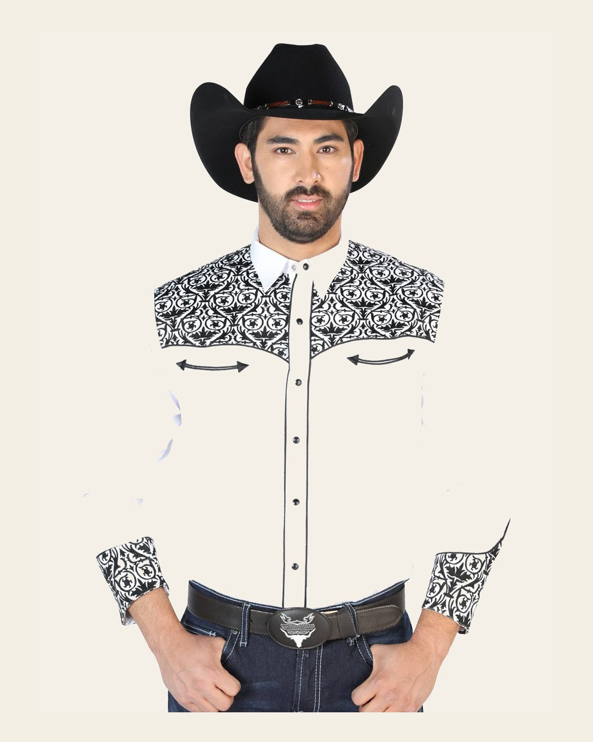 El Señor de los Cielos Embroidery Shirt White/Black 126705 on a warm cream background