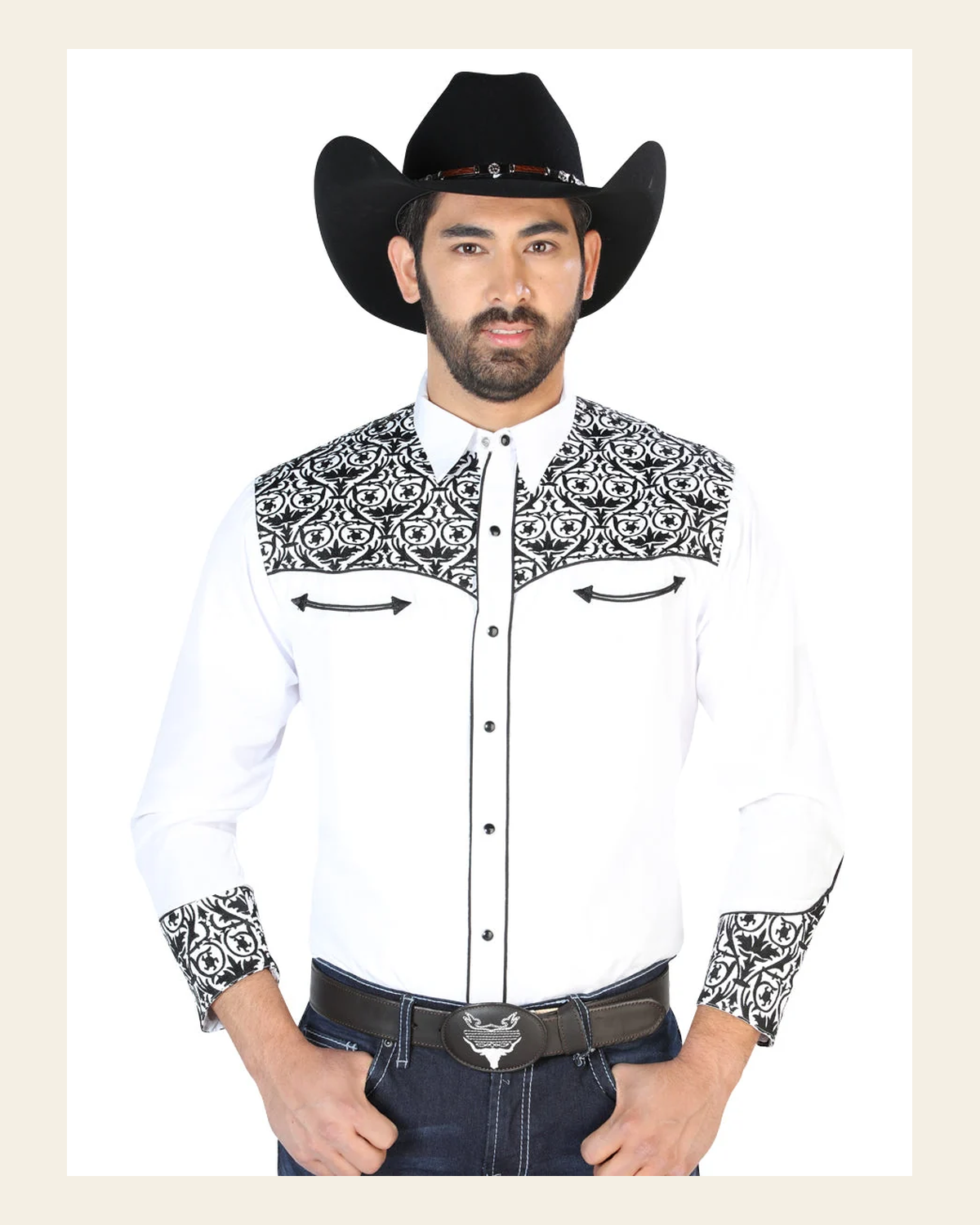 El Señor de los Cielos Embroidery Shirt White/Black 126705 on a warm cream background