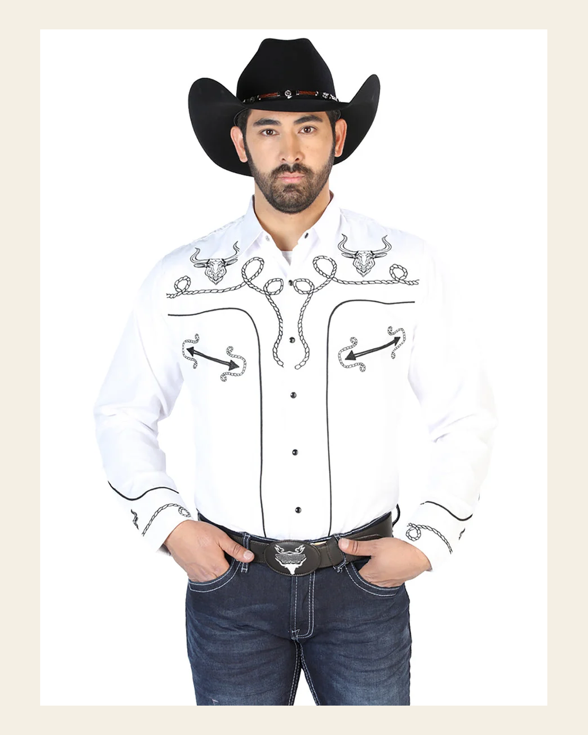 El Señor de los Cielos Embroidery Shirt White/Black 126712 on a warm cream background