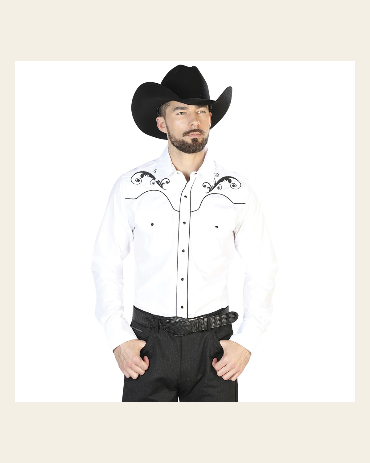 Men's Traditional Embroidered Western Shirt White/Black 42957 on a warm cream background