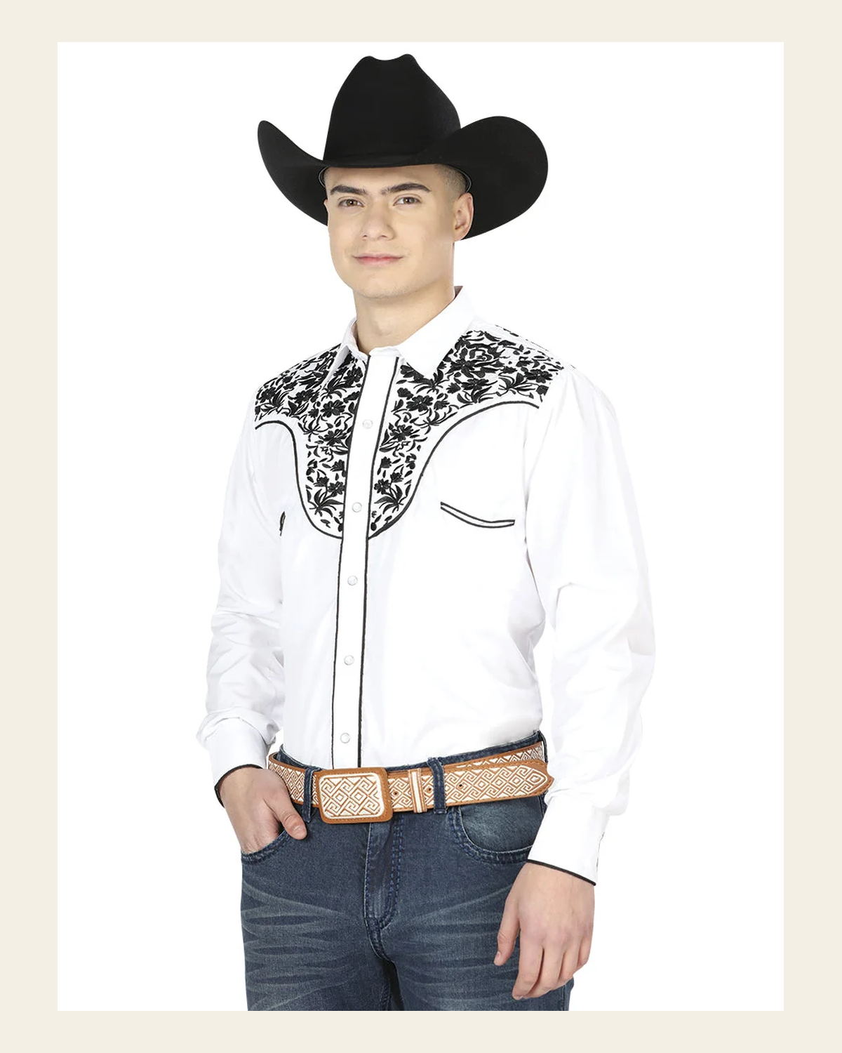 El General Men's Traditional Embroidered Western Charro Shirt - White/Black 43300 on a warm cream background