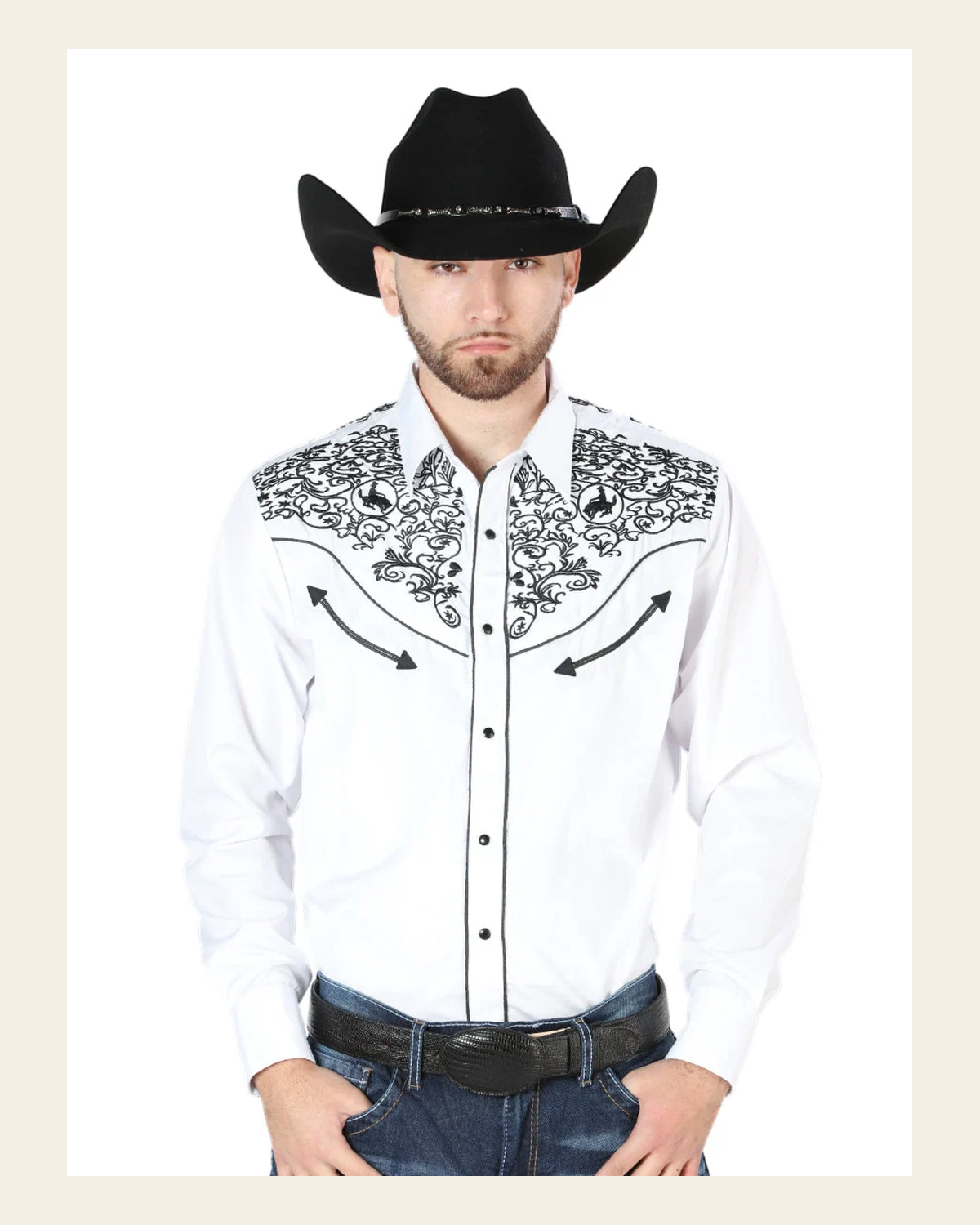 Men's Traditional Embroidered Western Shirt - White/Black 44188 on a warm cream background