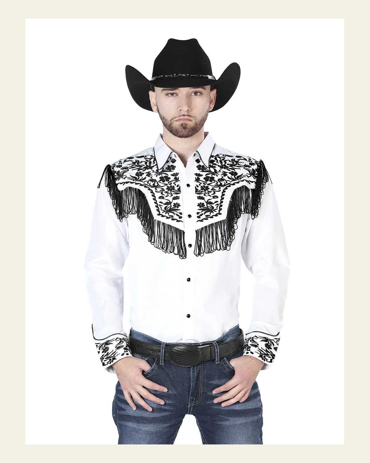 Men's Traditional Embroidered Western Shirt - White/Black 44223 on a warm cream background