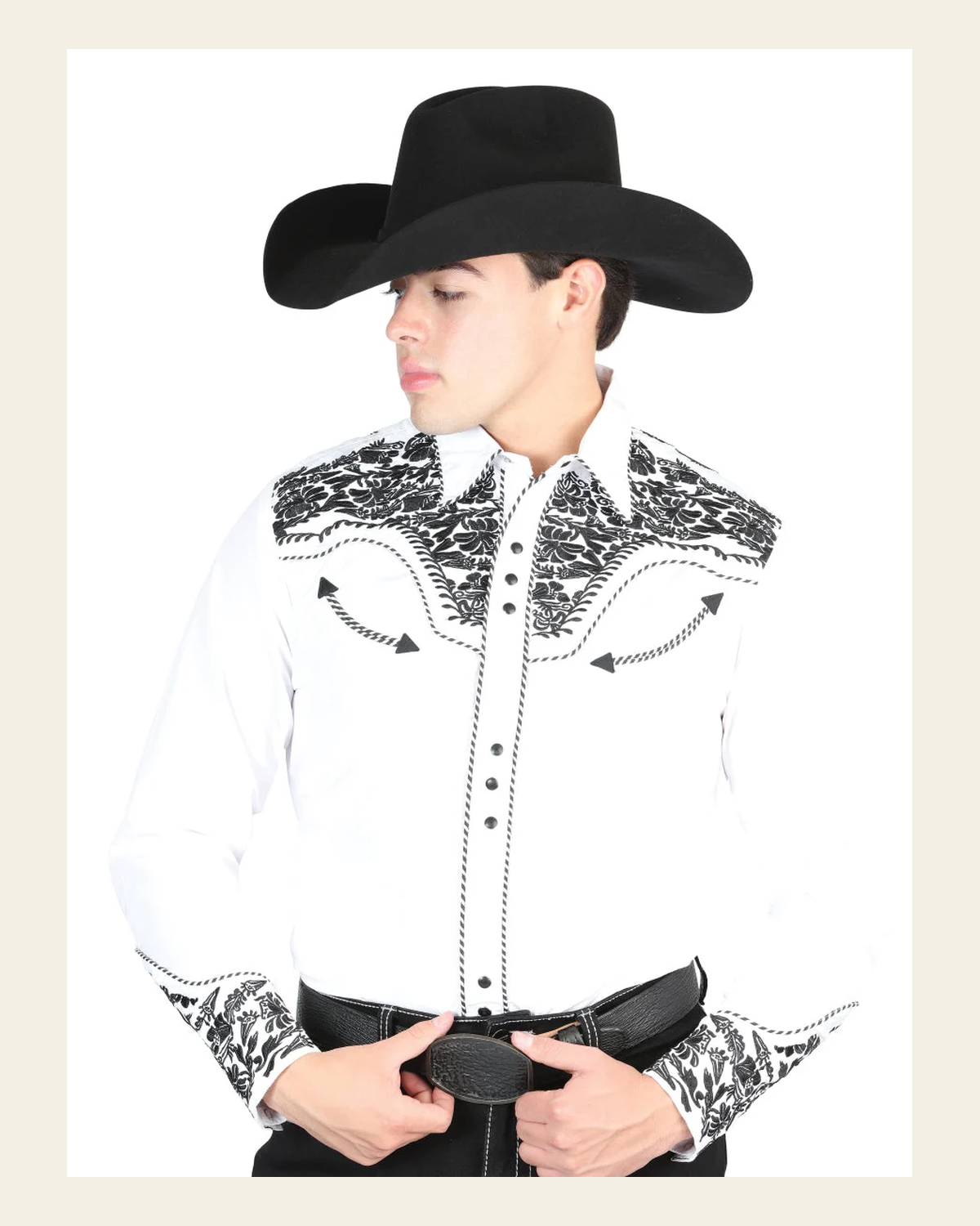 El General Men's Traditional Embroidered Western Charro Shirt - White/Black 44334 on a warm cream background