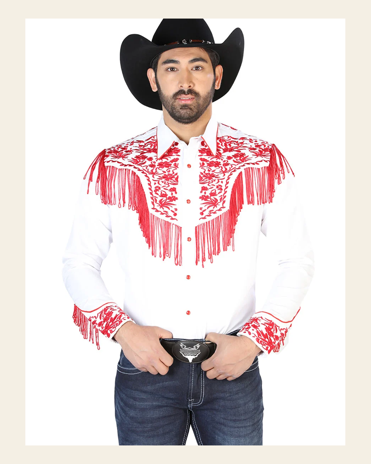 El Señor de los Cielos Embroidery Shirt White/Red 126708 on a warm cream background
