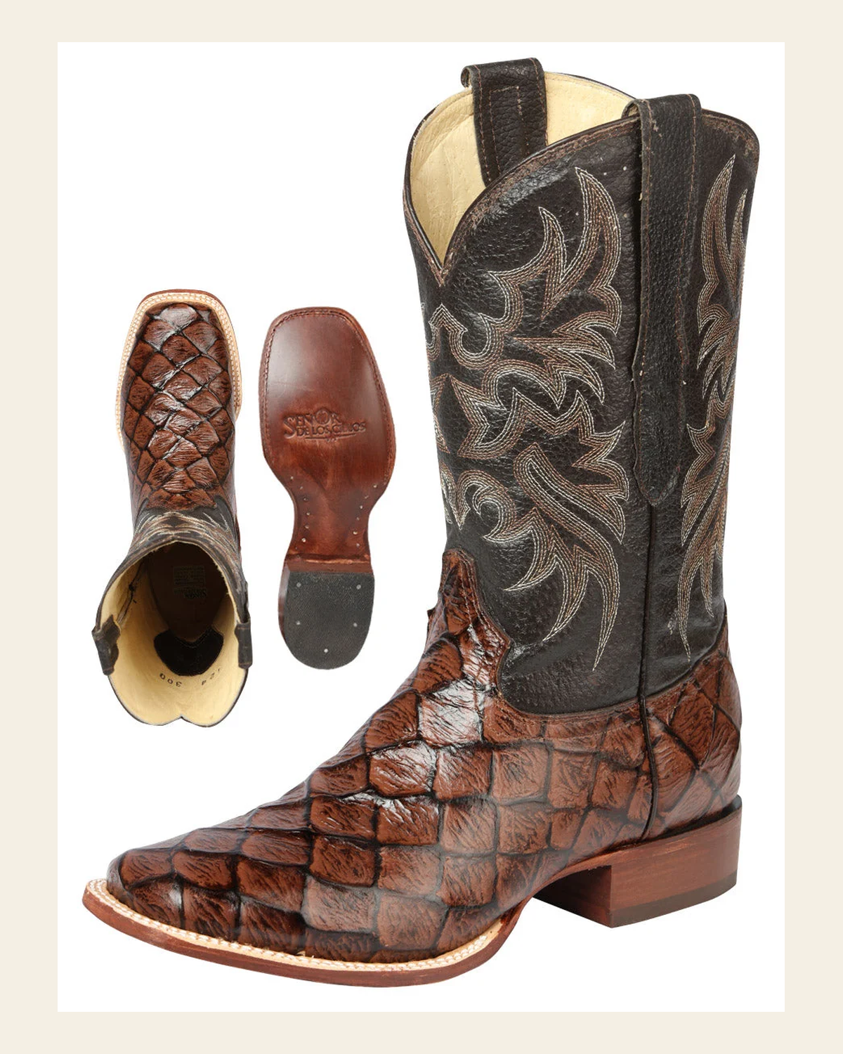 El Señor de los Cielos Men’s Rodeo Boot - Monster Fish Imitation Leather - Brown 44931 on a warm cream background