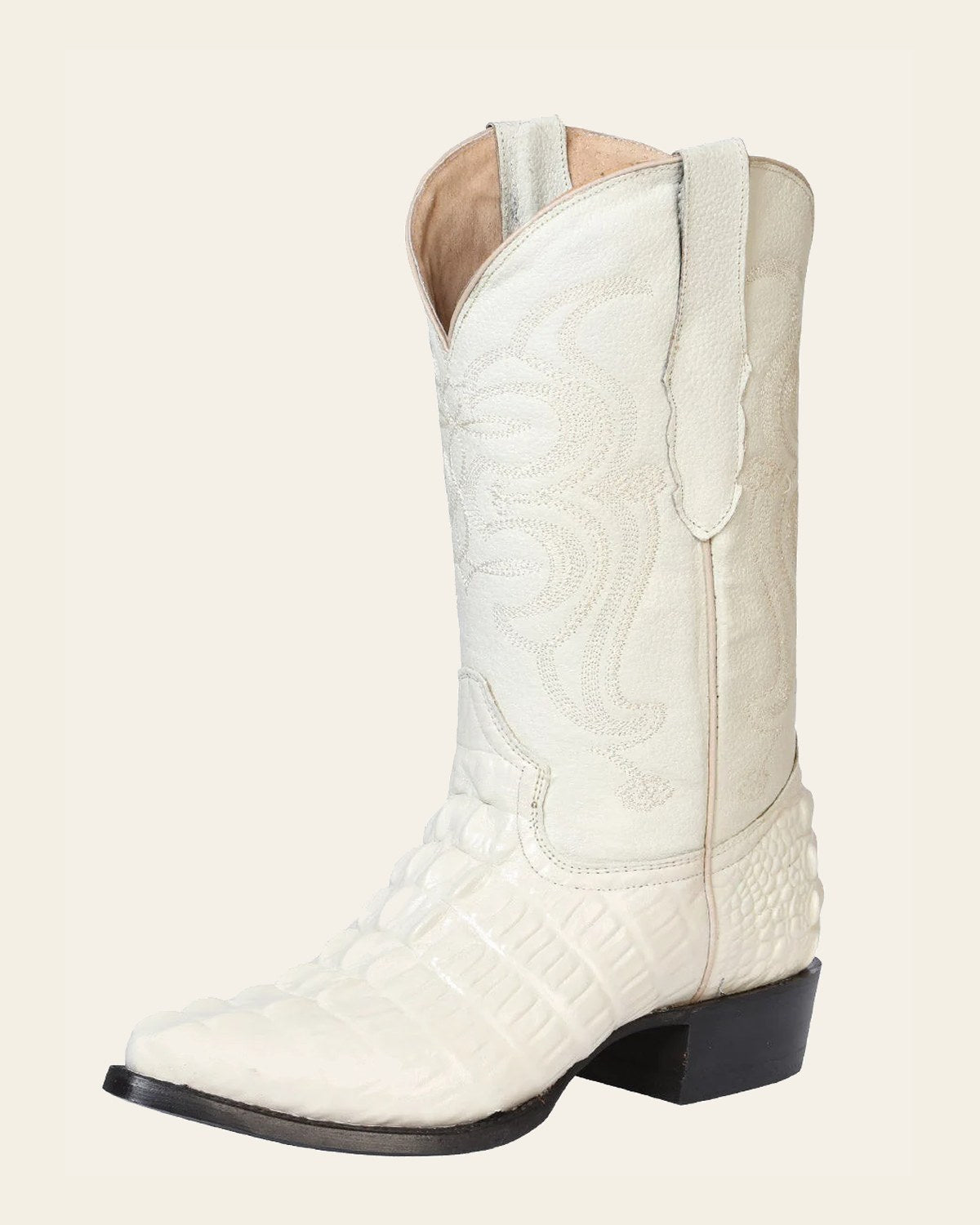Men’s Pointed Toe Cowboy Boot - Made in Mexico - Embossed Hornback Caiman Print - Bone White 40845 on a warm cream background