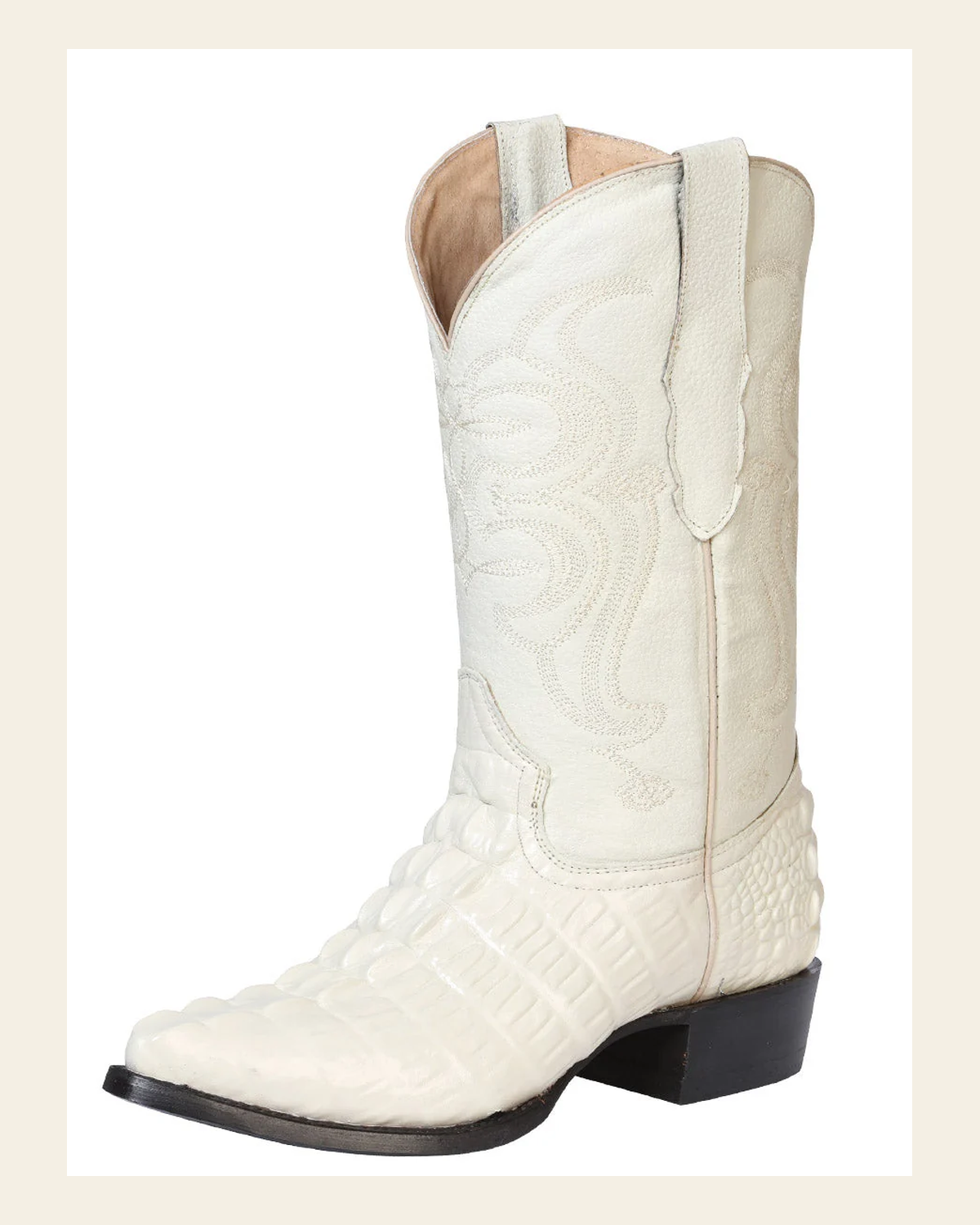 Men’s Pointed Toe Cowboy Boot - Made in Mexico - Embossed Hornback Caiman Print - Bone White 40845 on a warm cream background