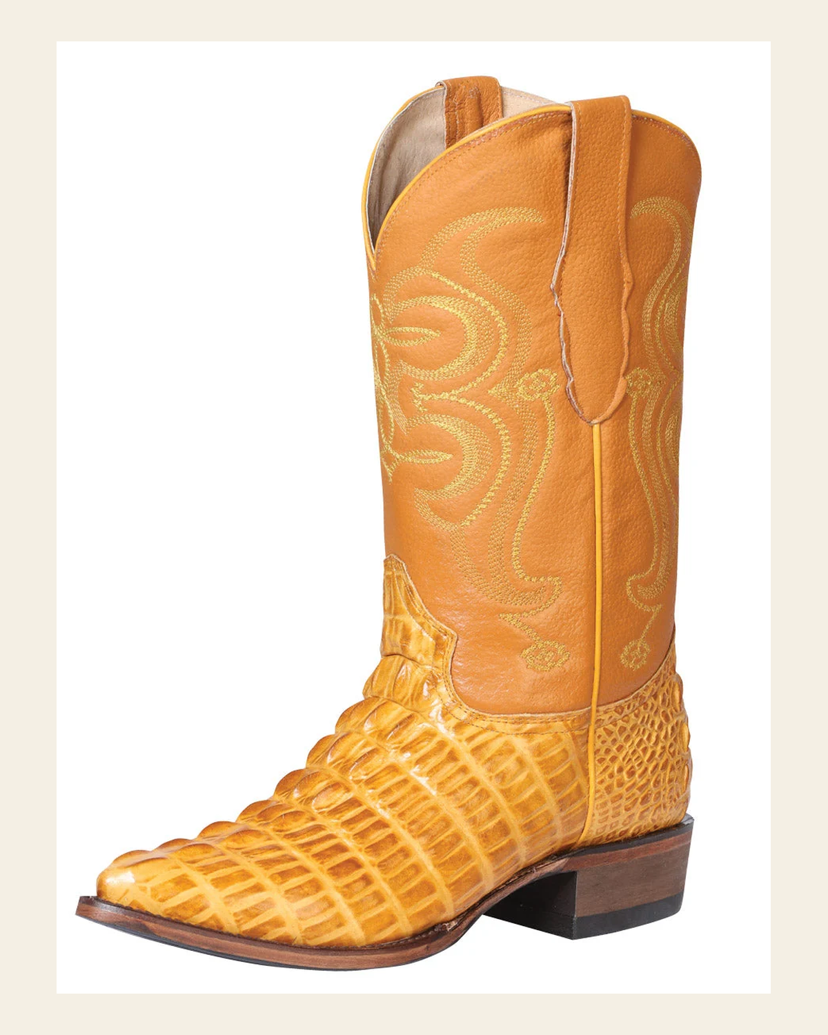 Men's Pointed Toe Leather Cowboy Boots - Made in Mexico - Embossed Hornback Caiman Print - Butter 40843 on a warm cream background