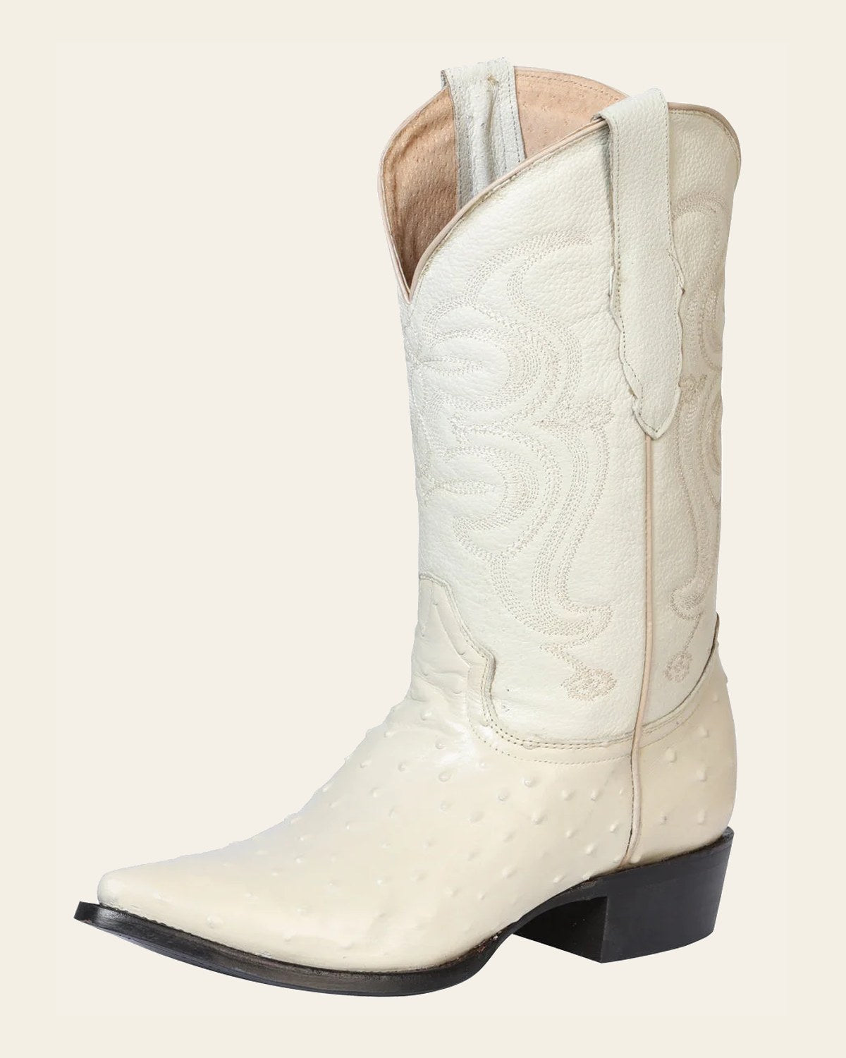 Men’s Pointed Toe Leather Cowboy Boots - Made in Mexico - Embossed Ostrich Print - Bone White on a warm cream background
