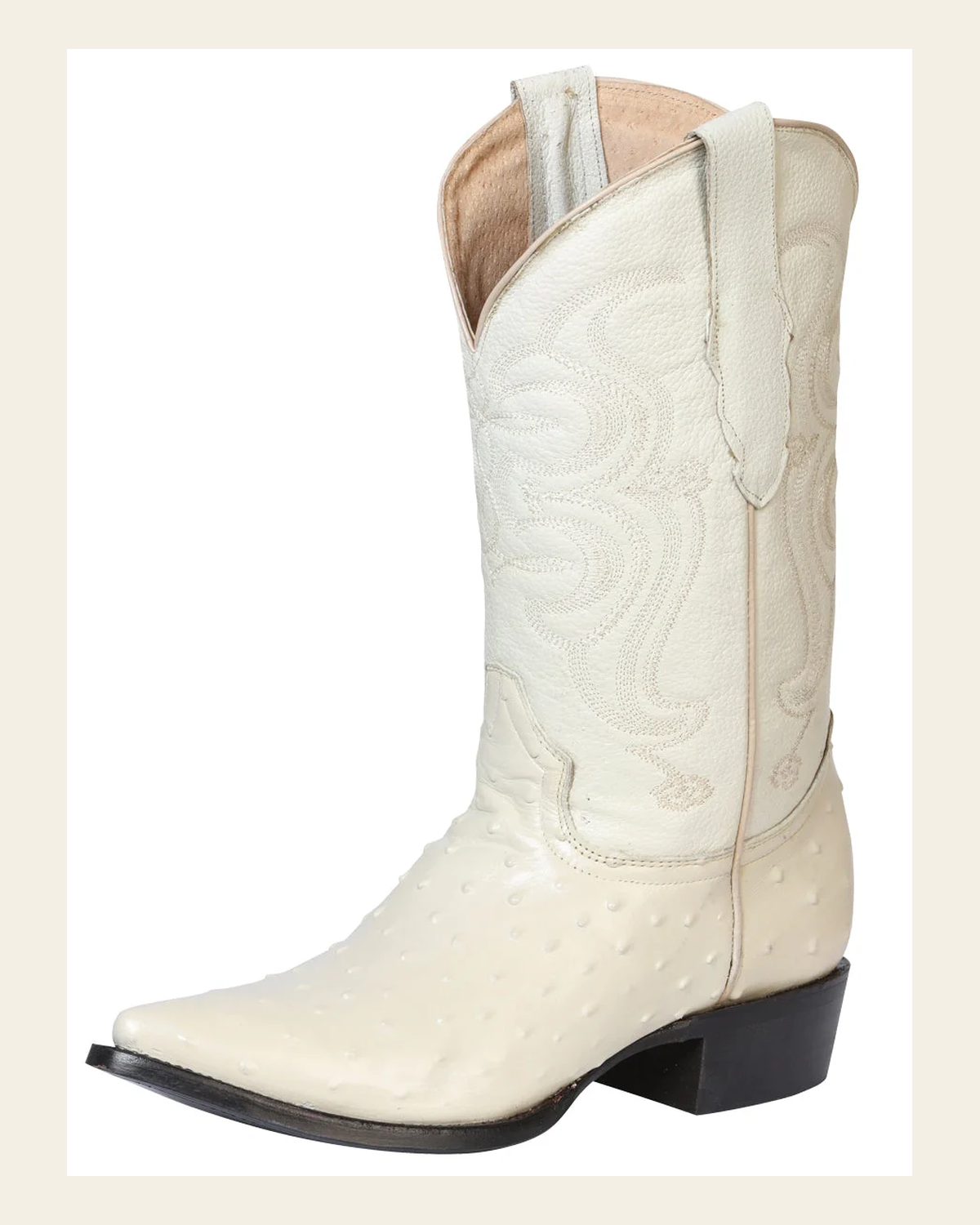 Men’s Pointed Toe Leather Cowboy Boots - Made in Mexico - Embossed Ostrich Print - Bone White 40839 on a warm cream background