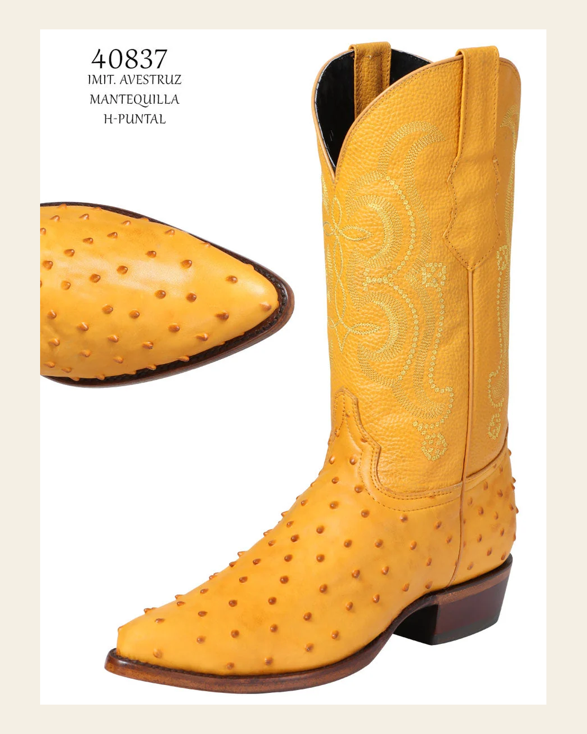 Men's Pointed Toe Leather Cowboy Boots - Made in Mexico - Embossed Ostrich Print - Butter 40837 on a warm cream background