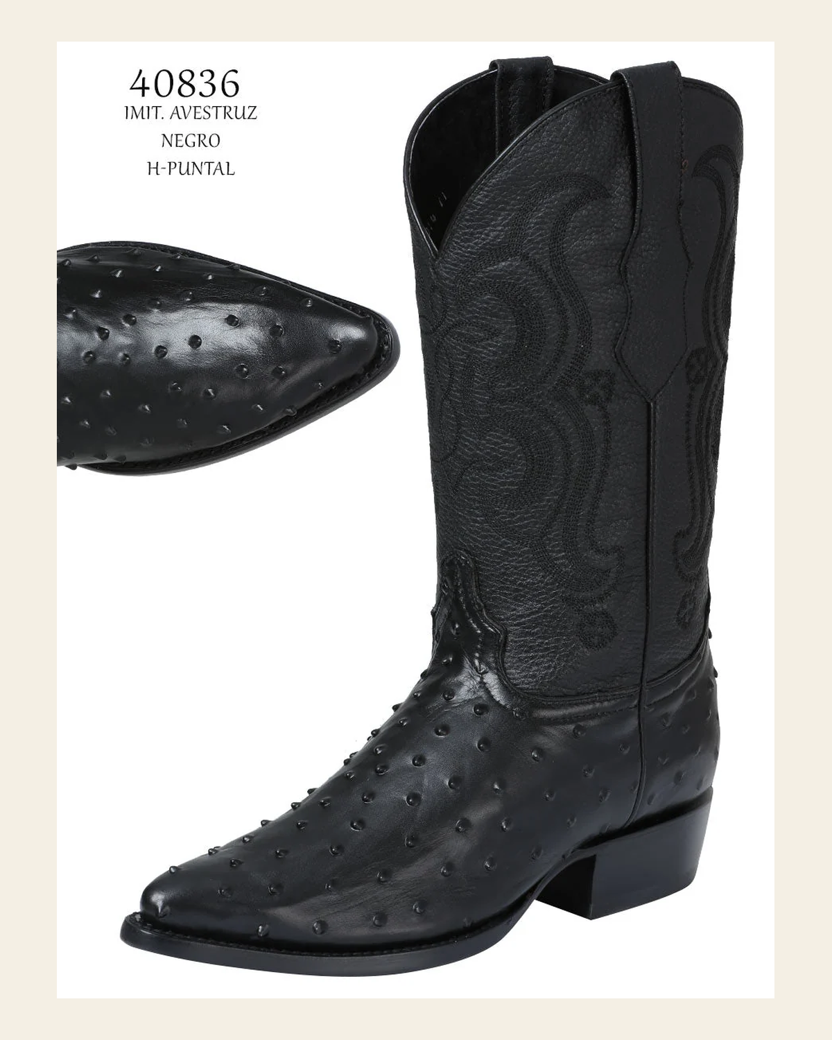 Men’s Leather Pointed Toe Western Cowboy Boots - Embossed Leather Ostrich Print - Black 40836 on a warm cream background