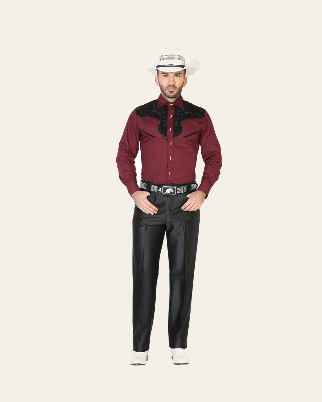 Men's Traditional Polyester Western Dress Pants - Black 42633 on a warm cream background