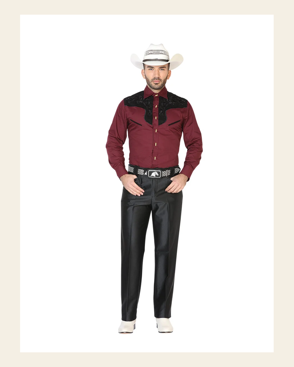 Men's Traditional Polyester Western Dress Pants - Black 42633 on a warm cream background