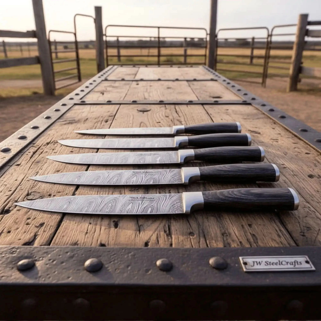 6-Piece Ladder Pattern Damascus Knife Set with Black Wood Handles and Steel Bolsters