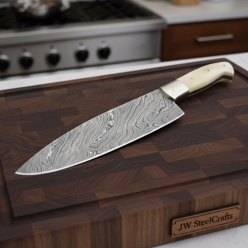 Gyuto Knife, Handmade Damascus Steel Blade, White Bone Handle with Steel Bolster, Full Tang Japanese Chef Knife, JW SteelCrafts
