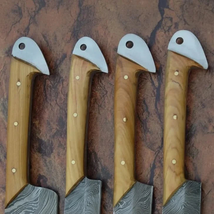 Damascus Kitchen Knife Set of 4 - Hand-Forged Full Tang Blades