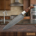 Hammer-Forged 8” Ladder Pattern Damascus Kiritsuke Knife – Rosewood Handle, Steel Bolster, Mosaic Pin