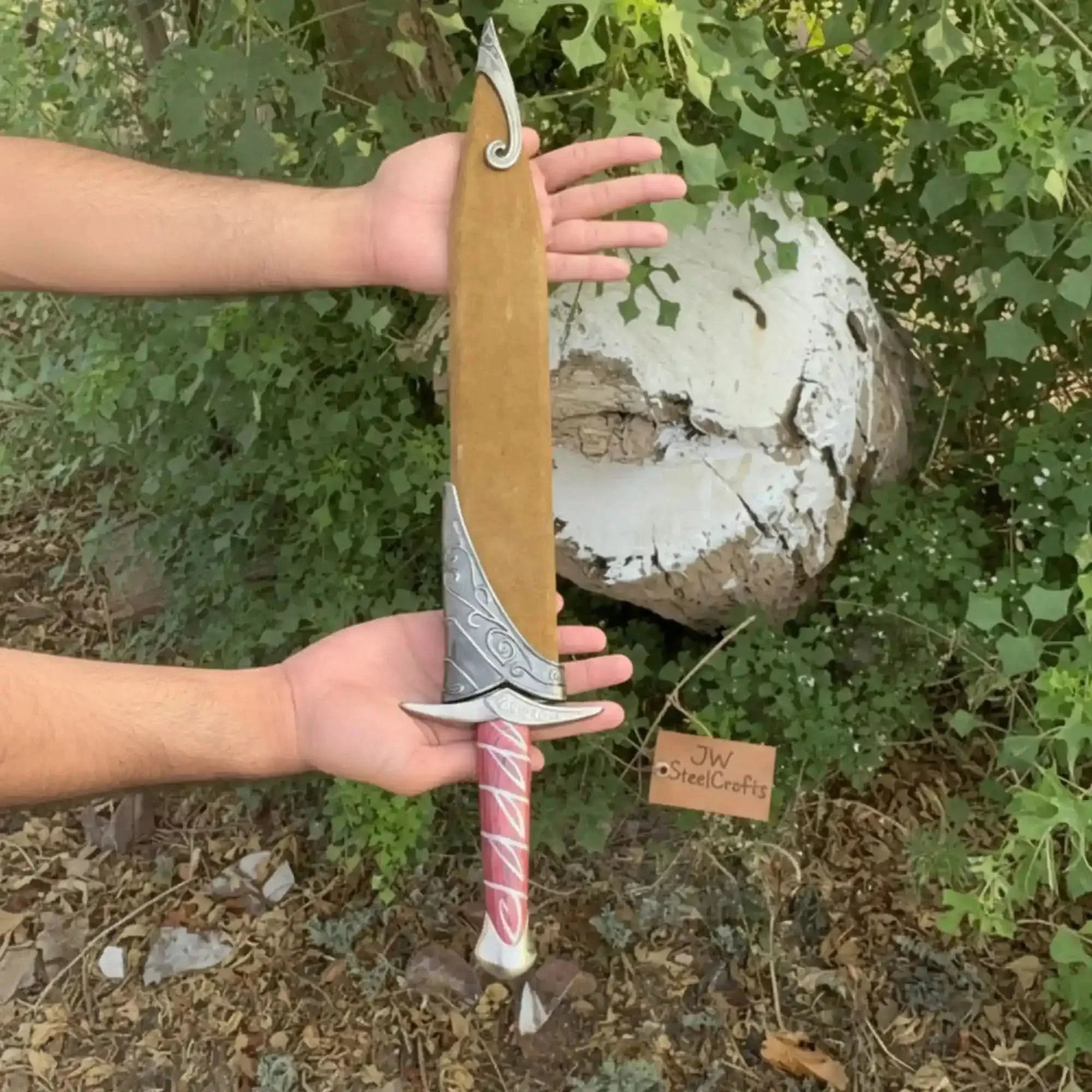 Handmade Elven inspired short sword replica with Reddish Wood Grip and Wooden Sheath