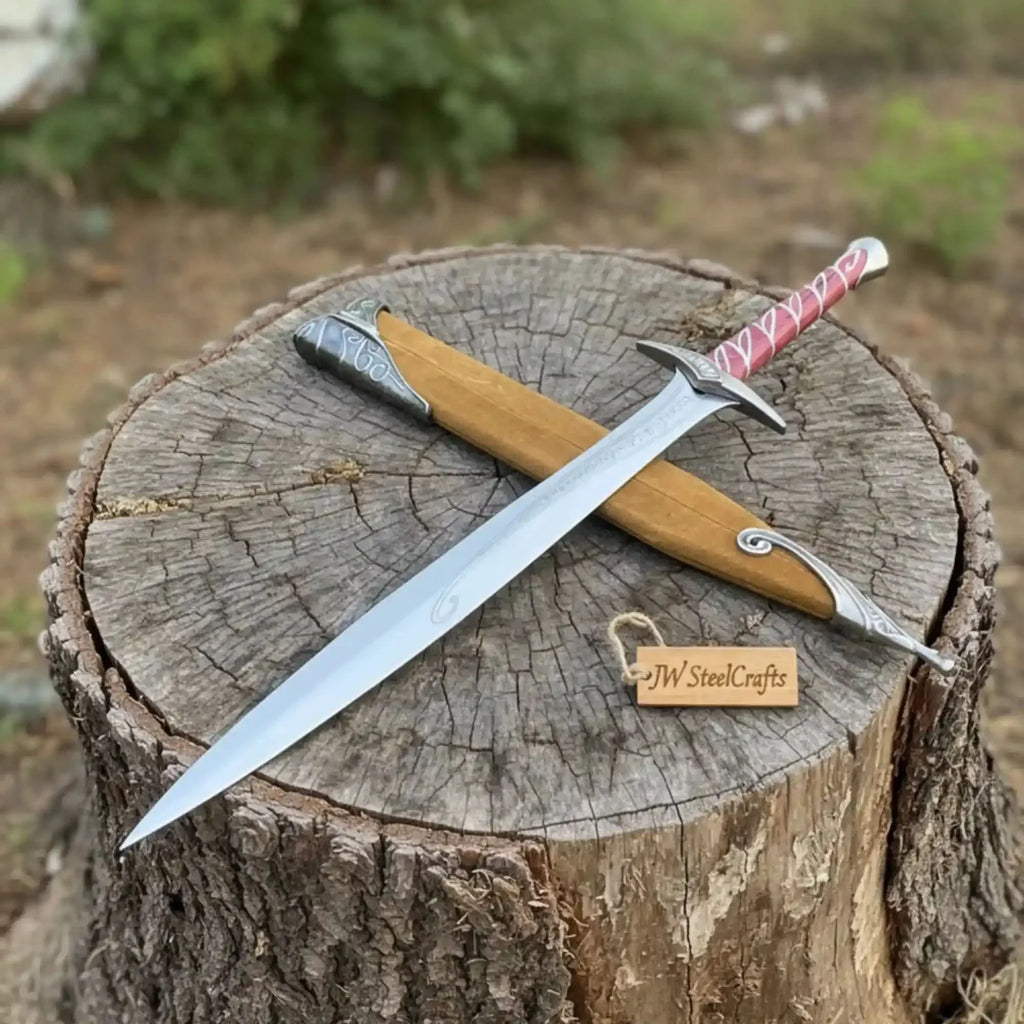Handmade Elven inspired short sword replica with Reddish Wood Grip and Wooden Sheath