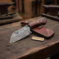 7-Inch Forged Damascus Skinner Knife — Red Micarta Handle, Full Tang & Leather Sheath | JW Steel Crafts