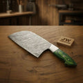 8-Inch Forged Damascus Meat Cleaver — Green Pakka Wood Handle, Steel Bolster & Mosaic Pin | JW Steel Crafts