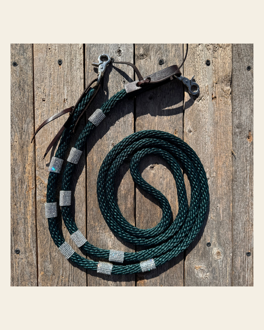 Emerald Nylon Barrel Racing Reins with Rhinestones #BNR108 on a warm cream background