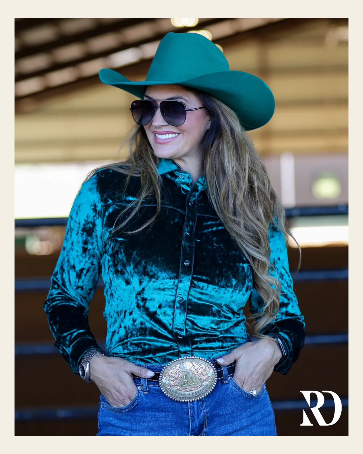 Emerald Velvet Performance Rodeo Shirt on a warm cream background