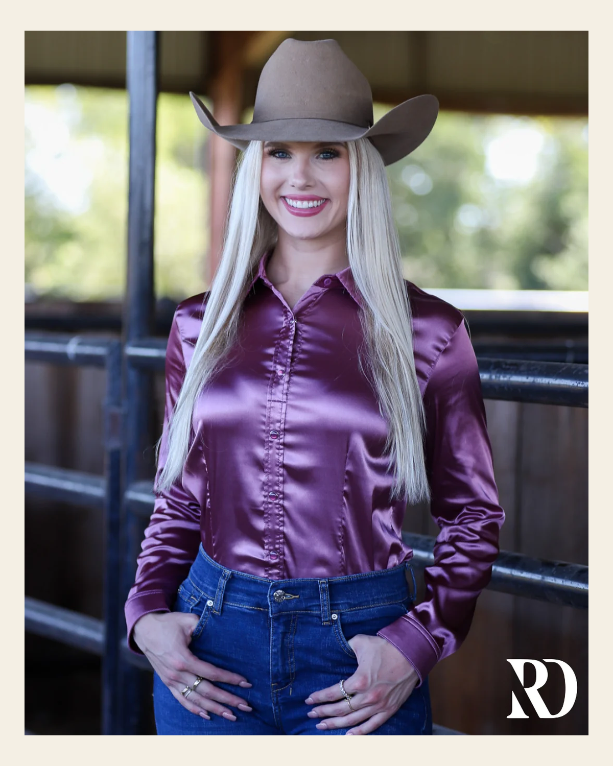 Dark Mauve Satin Performance Rodeo Shirt on a warm cream background