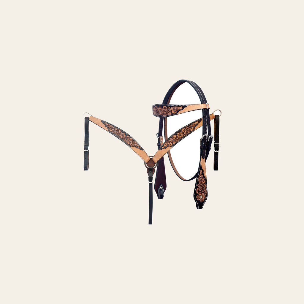 Hilason Floral Hand-Carved Tan Leather Headstall & Breast Collar Collection
