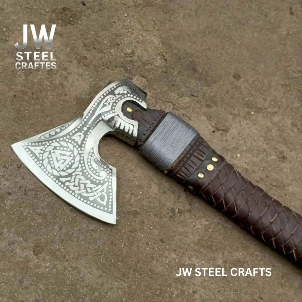 Engraved Norse Valknut Hatchet with Braided Leather Handle