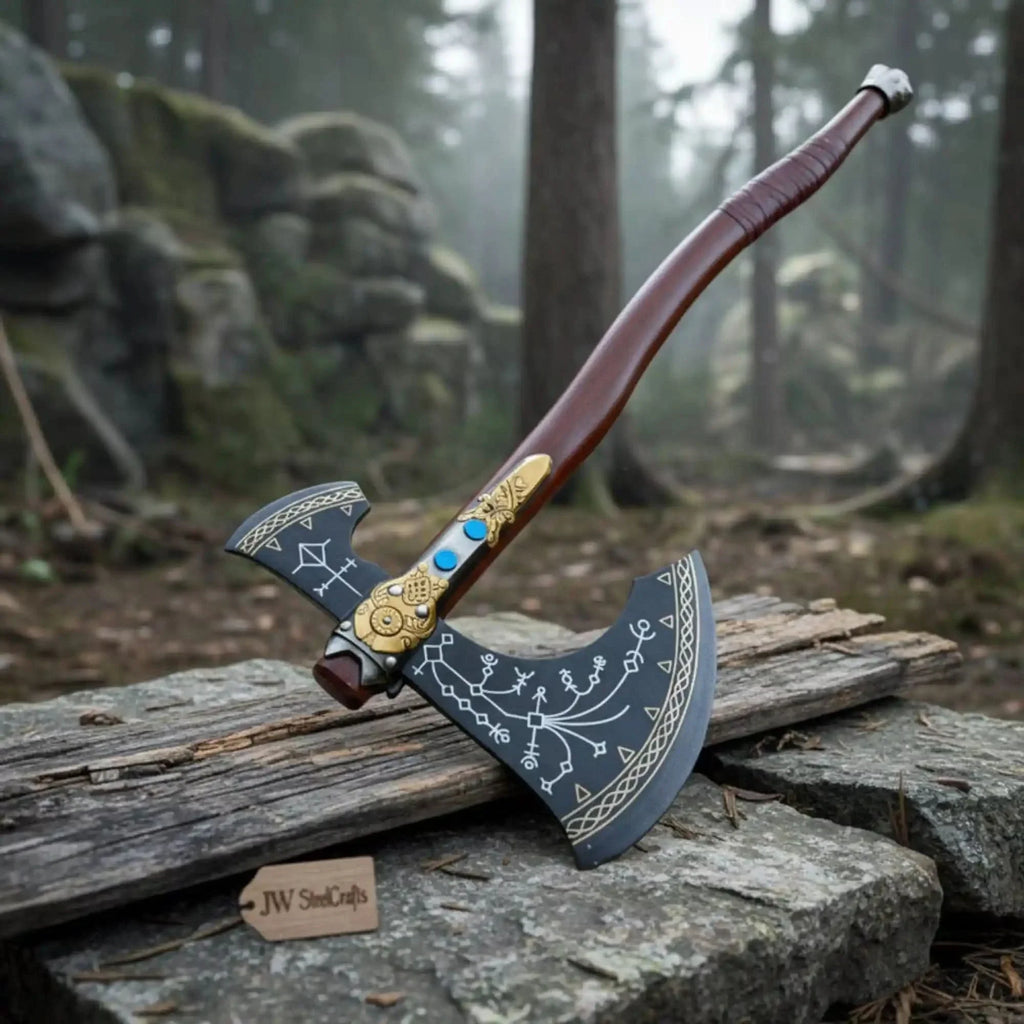 Hand Forged Viking Fantasy Double-Bit Axe with Norse Engraving, Gold Handle Fittings and Blue Gemstone Inlays