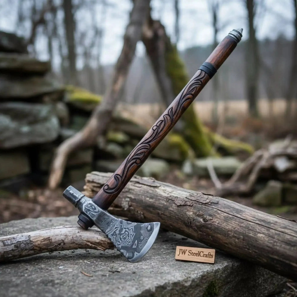 Custom Hand Forged Damascus Steel Smoking Axe – Functional Pipe Axe with Carved Hardwood Shaft