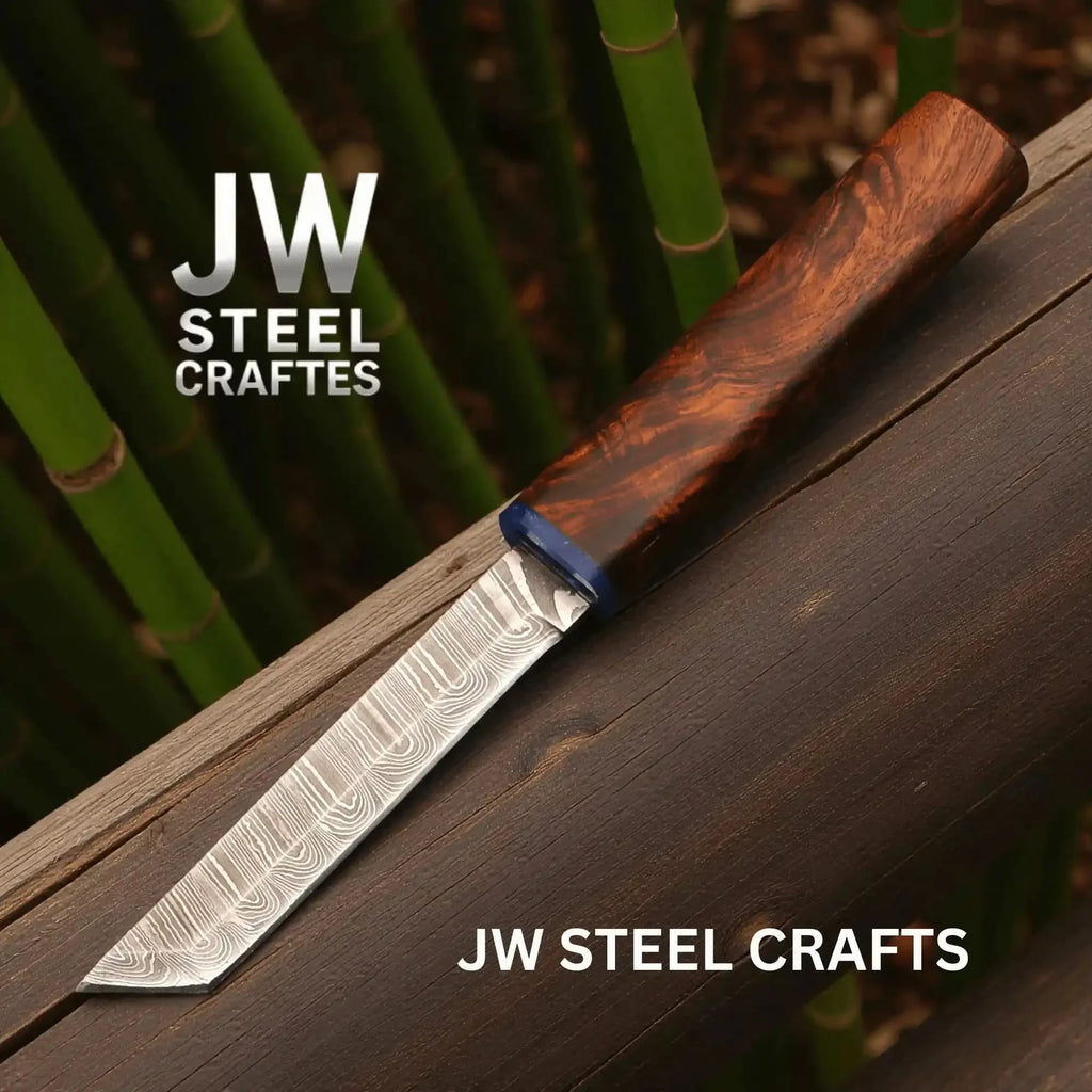 Damascus Utility Knife — 5-Inch Blade, Natural Rosewood Handle, Blue Epoxy Resin Spacer and Interlocking Wood Scabbard