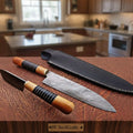 14" Damascus Chef Knife — 9" Blade, Olive Wood Handle with Black Resin Spacers & Leather Sheath