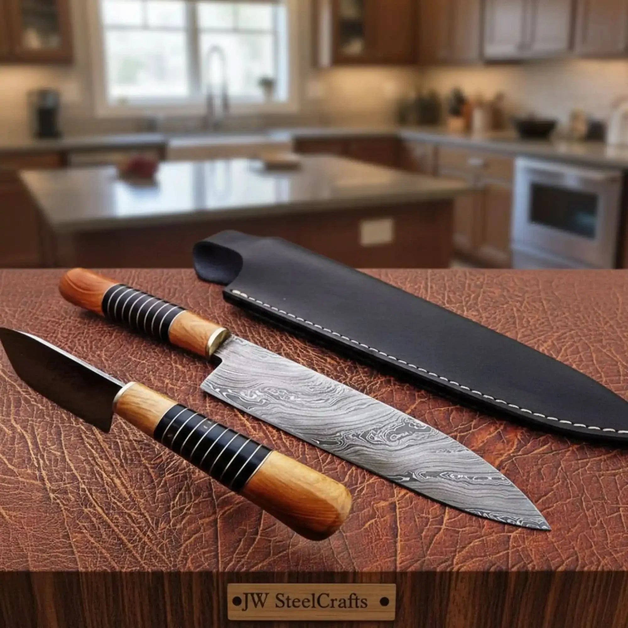 14" Damascus Chef Knife — 9" Blade, Olive Wood Handle with Black Resin Spacers & Leather Sheath