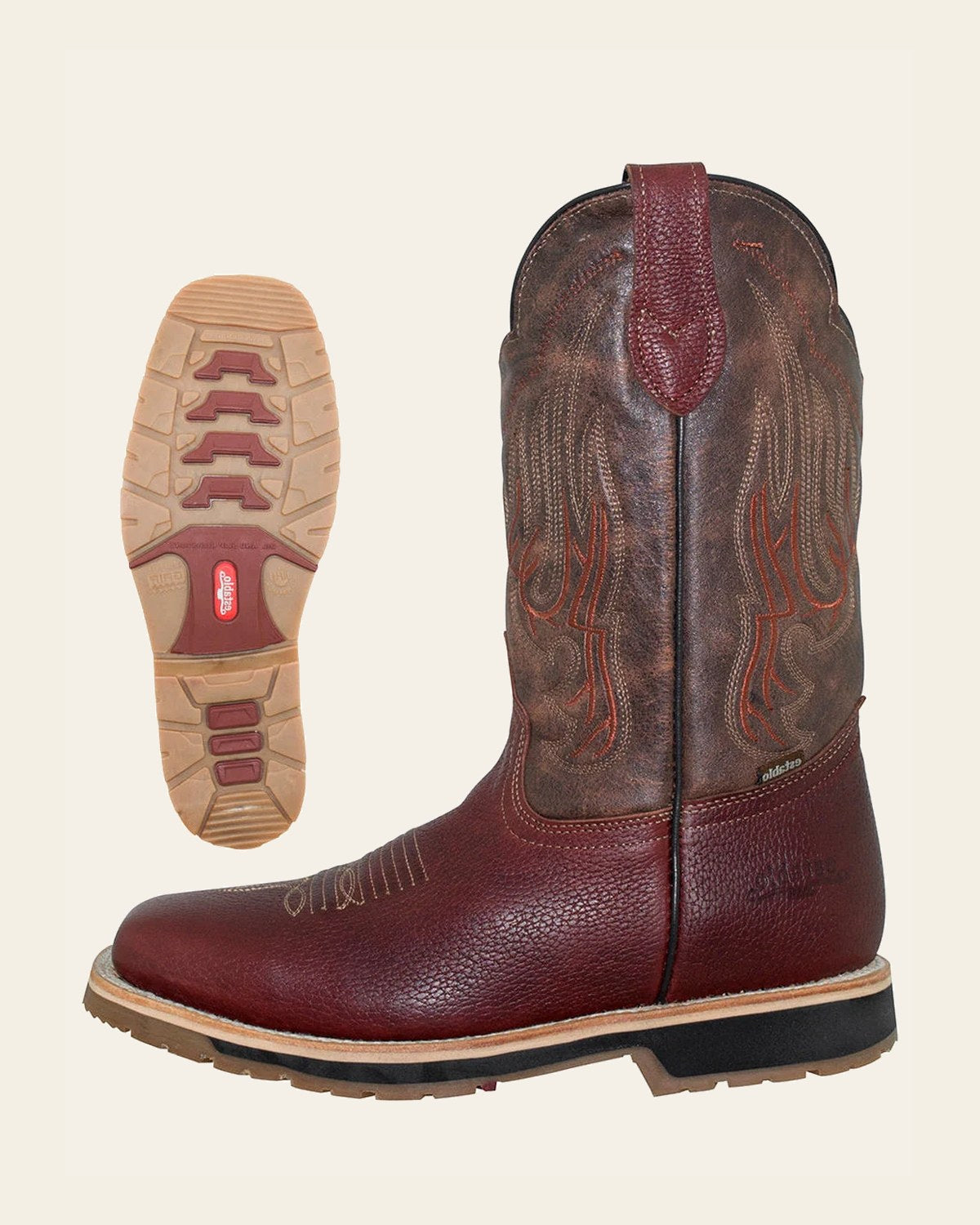 Establo Men’s Leather Cowboy Boot - Bovine Grizzly Leather in Shedron 41541 on a warm cream background