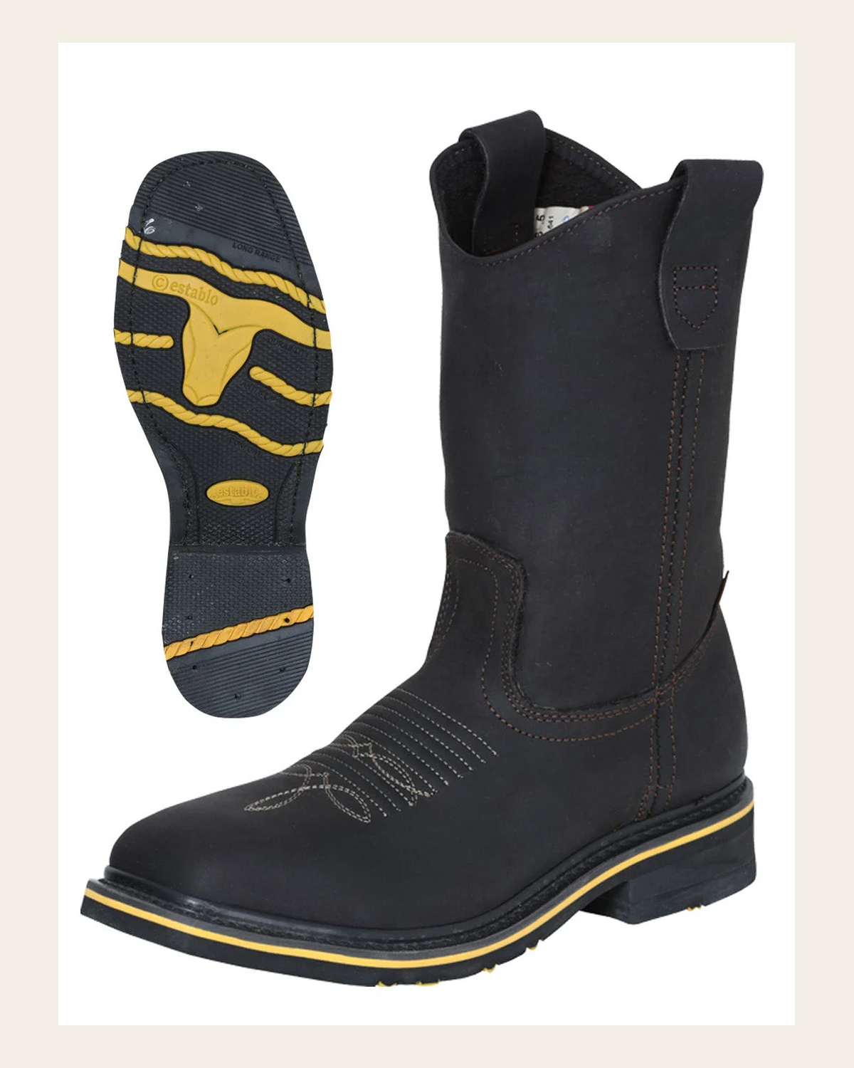 ESTABLO Men’s Steel Toe Leather Work Boot – Made in Mexico - Crazy Chocolate 41545 on a warm cream background