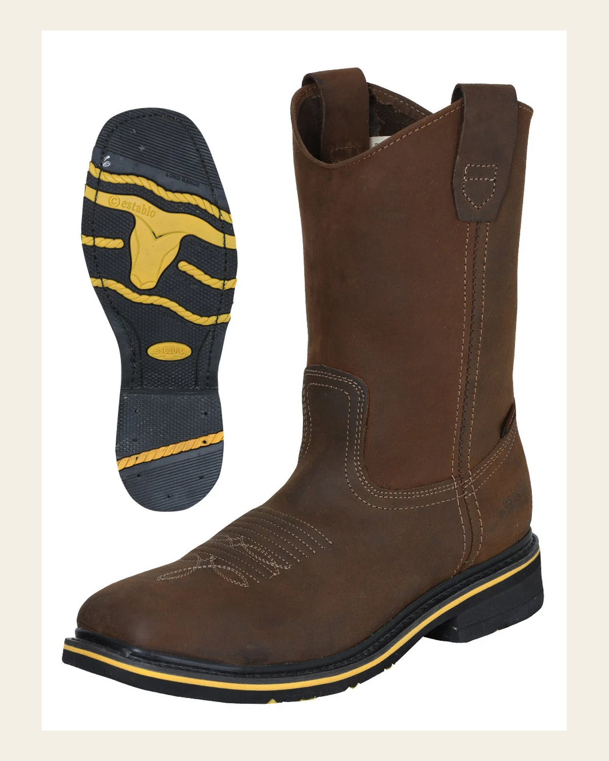 ESTABLO Men’s Steel Toe Leather Work Boot – Made in Mexico - Crazy Tan 41544 on a warm cream background