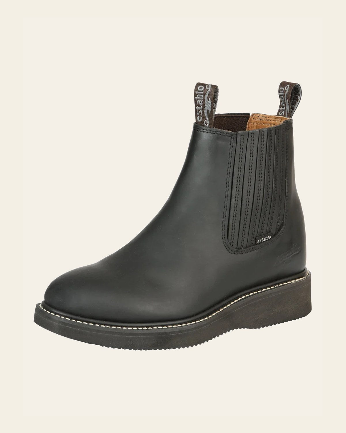 ESTABLO Men’s Leather Ankle Work Boot - Made in Mexico - Grasso Black 320 on a warm cream background