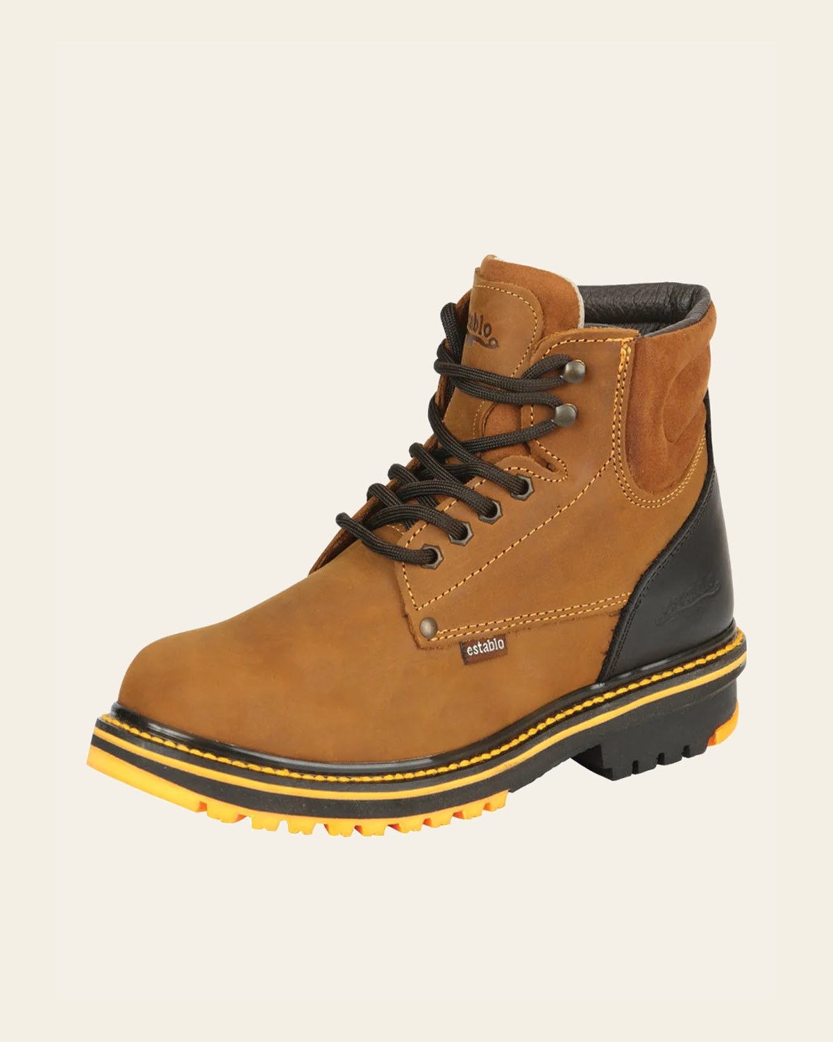 ESTABLO Men’s Leather Lace-Up Ankle Work Boot - Made in Mexico - Mango/Black 13359 on a warm cream background