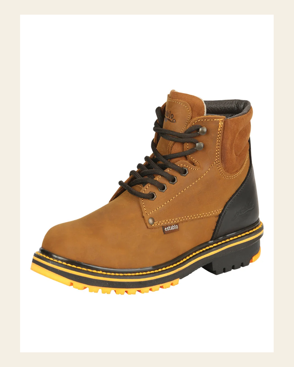 ESTABLO Men’s Leather Lace-Up Ankle Work Boot - Made in Mexico - Mango/Black 13359 on a warm cream background