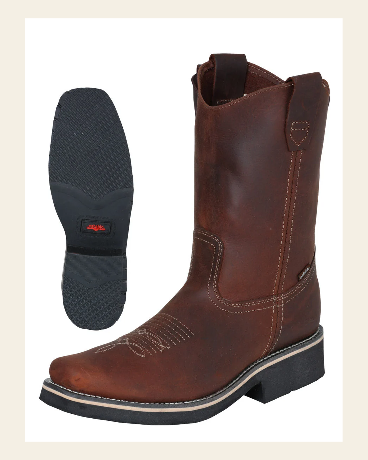 ESTABLO Men’s Leather Work Boot - Made in Mexico - Crazy Brown 41531 on a warm cream background