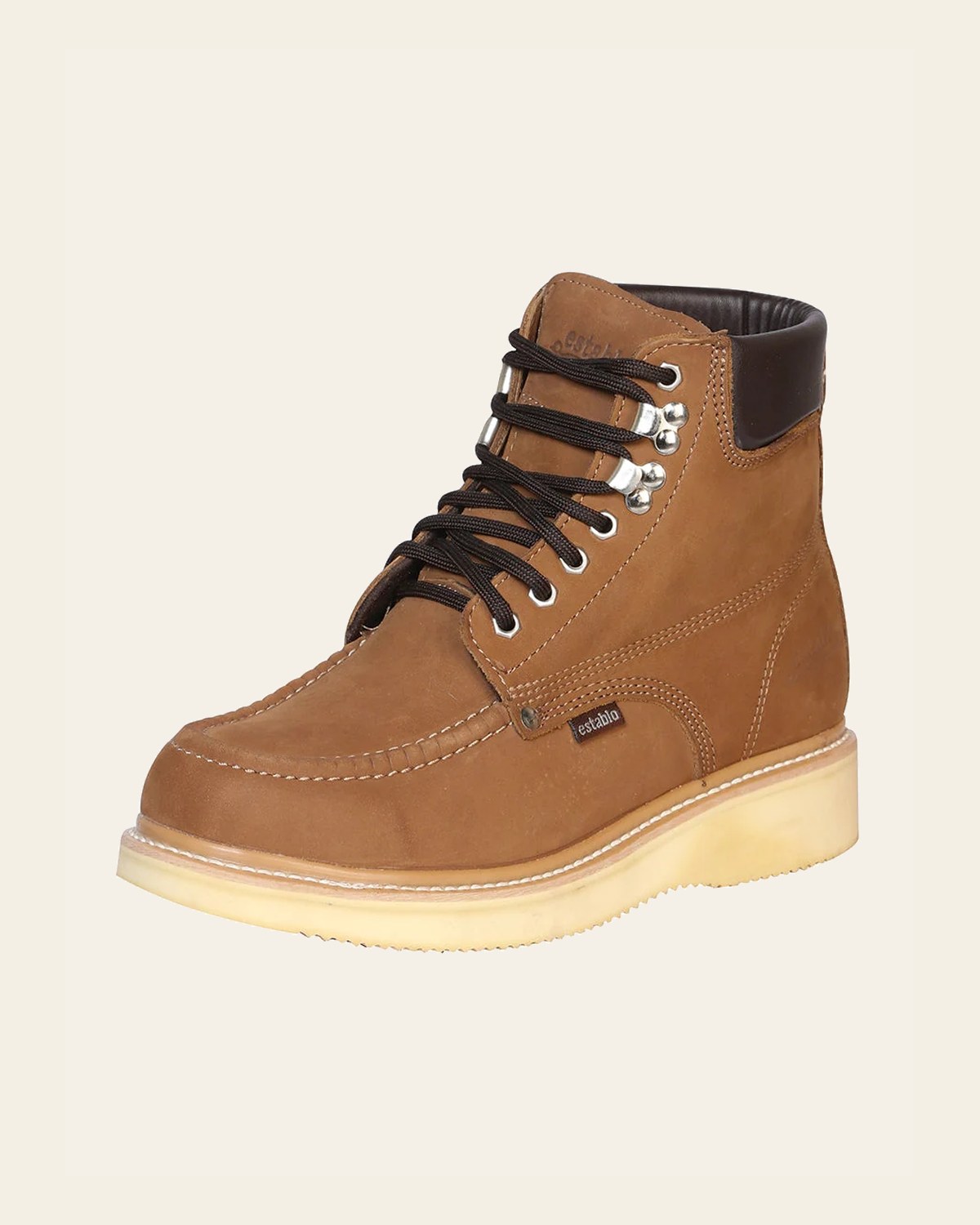 ESTABLO Men’s Leather Lace-up Work Boot - Made in Mexico - Nubuck Canela 91204 on a warm cream background