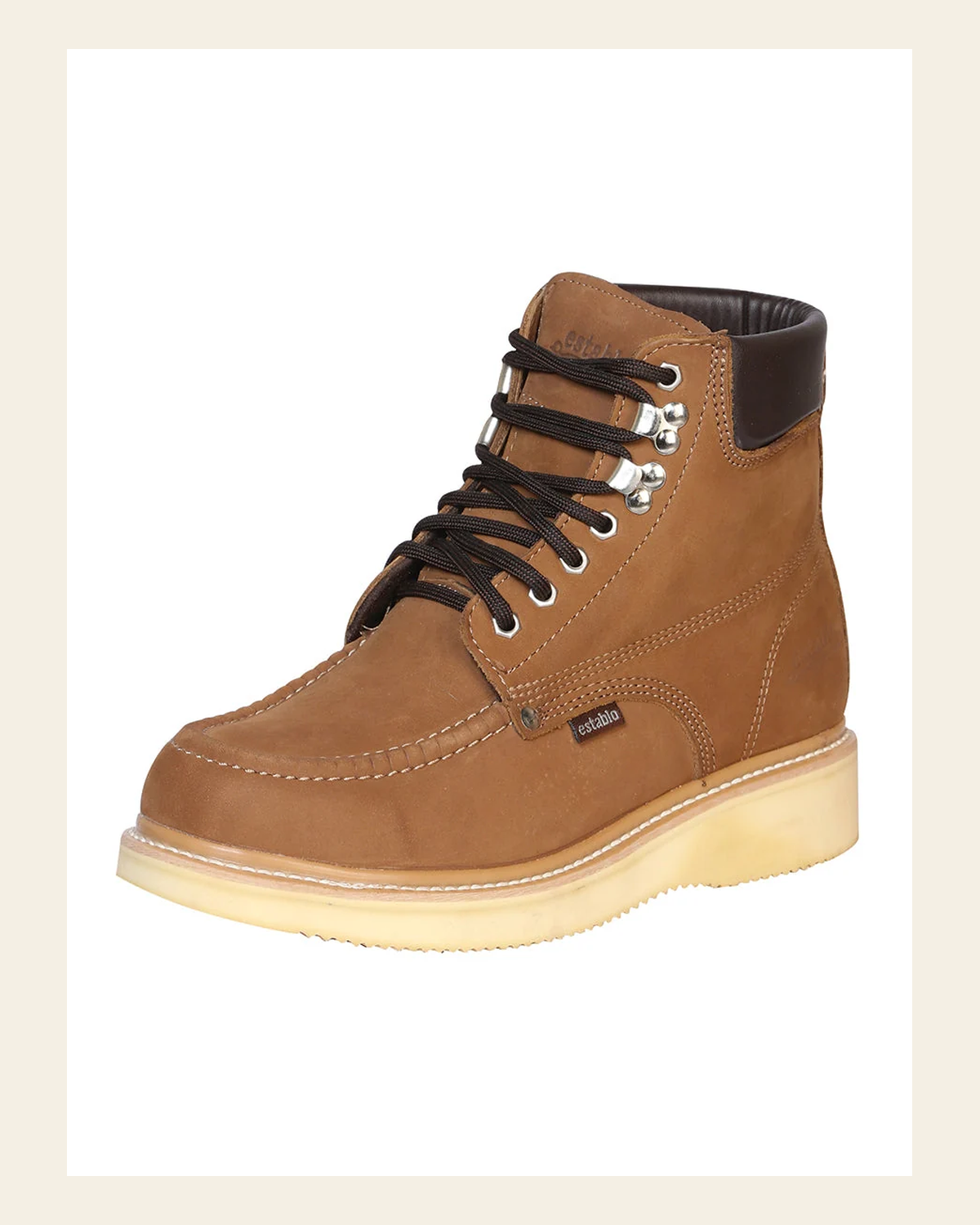 ESTABLO Men’s Leather Lace-up Work Boot - Made in Mexico - Nubuck Canela 91204 on a warm cream background