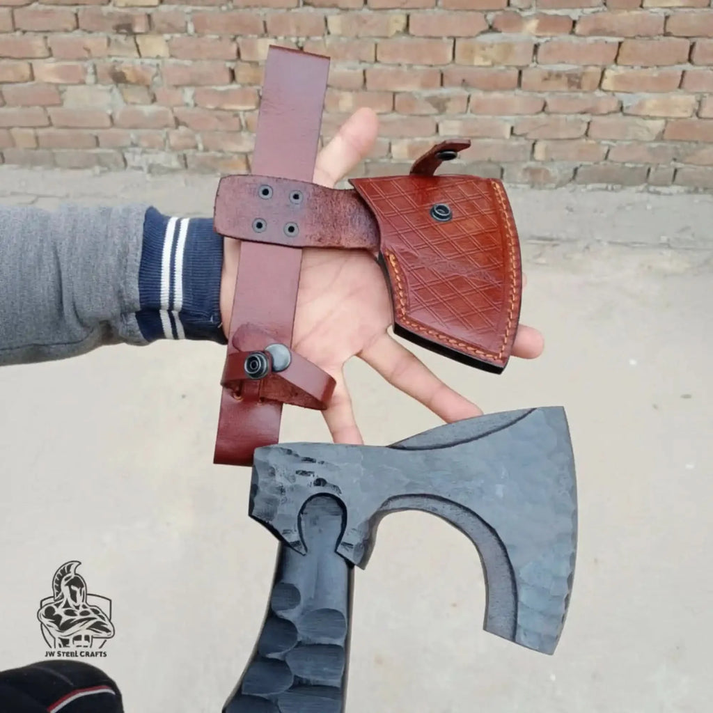 Forged Tool Axe Duo – Textured Steel Heads with Sculpted Hardwood Handles and Leather Sheaths
